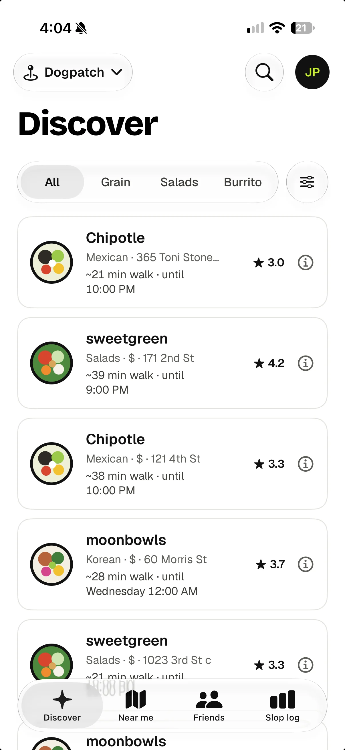 A developer's iPhone app listing nearby restaurants, filled and ordered through the API